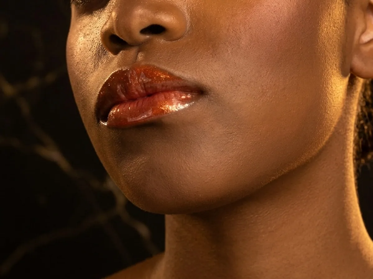 Oranger Mangue-Gloss auf den Lippen dunkler Haut, Abend-Make-up