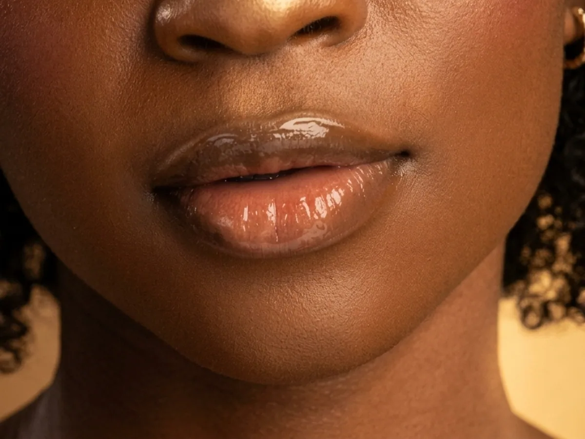 Gloss Eau de Coco sur des lèvres de peau noire, effet nude lumineux