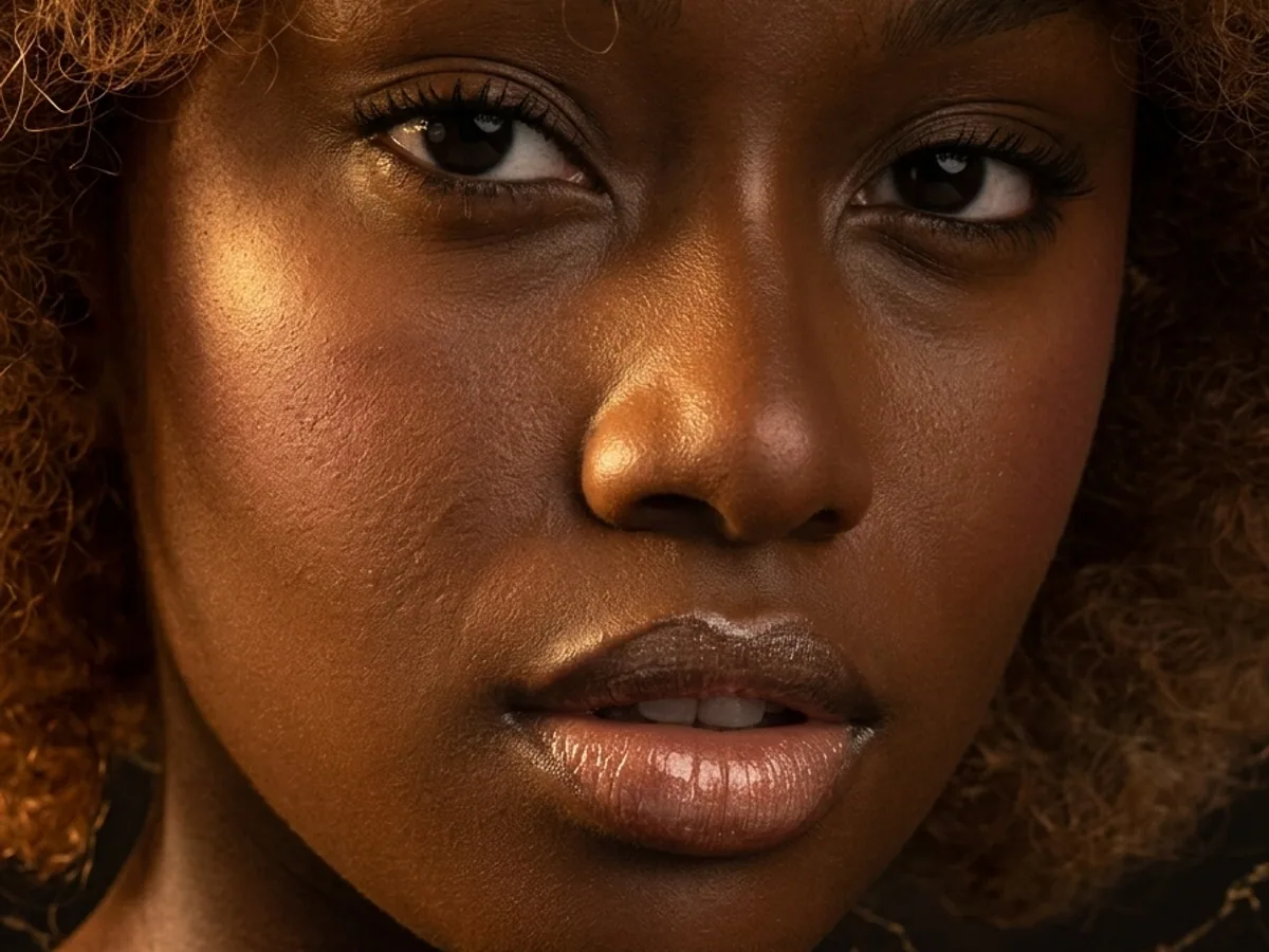 Gloss Datte, nude chaud, sur des lèvres de peau noire mature