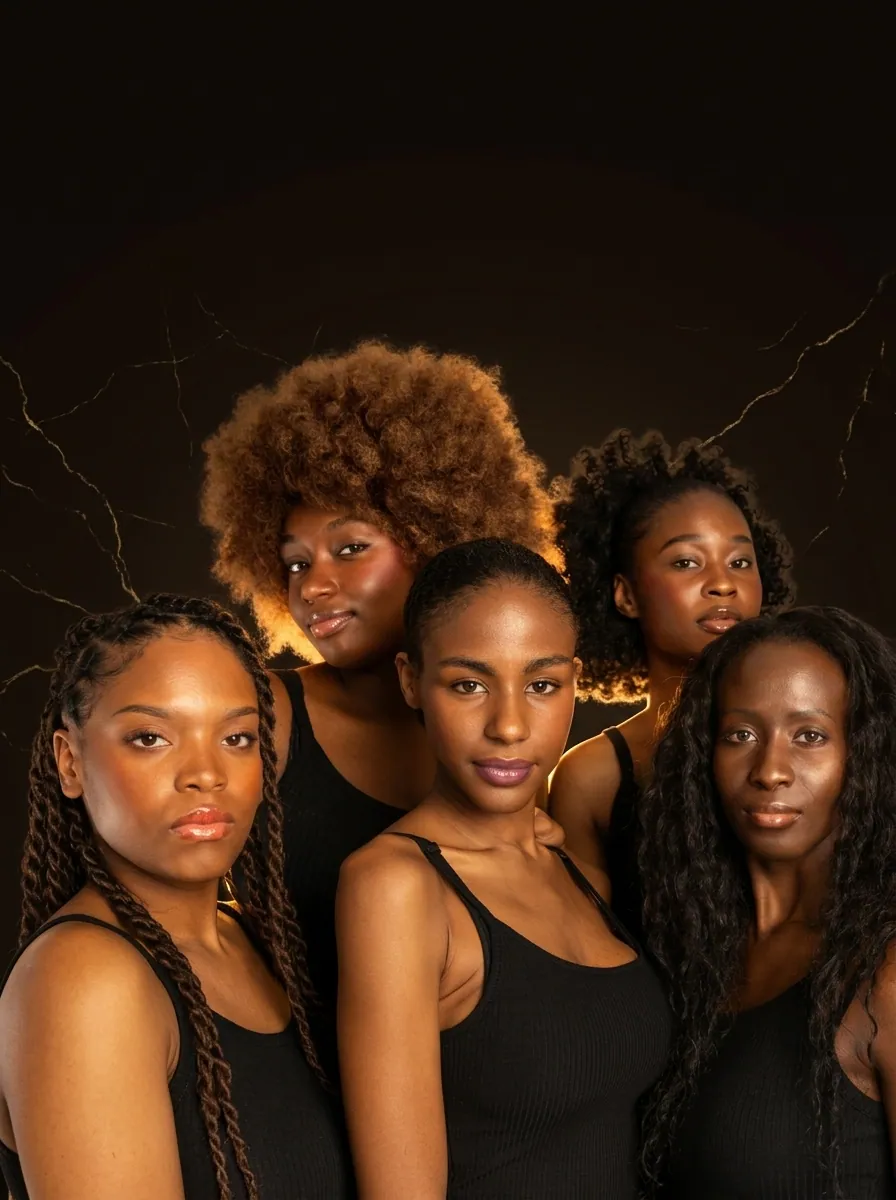 Fünf Frauen mit Schwarzen und dunklen Hauttönen, von hell bis tief, geschminkt mit NEW BLACK