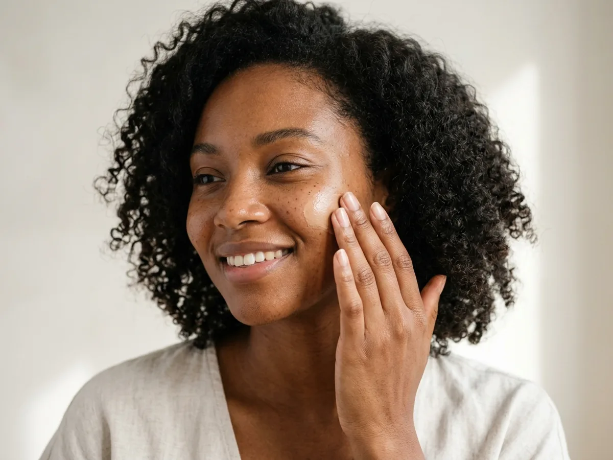 Natural makeup on Black skin: thin complexion, blended blush, warm gloss