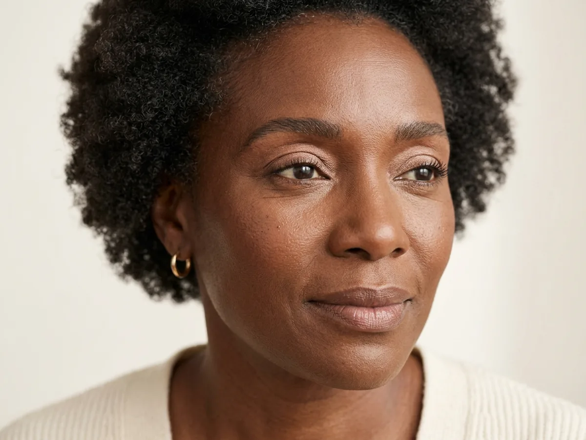 Femme noire mature au teint lumineux