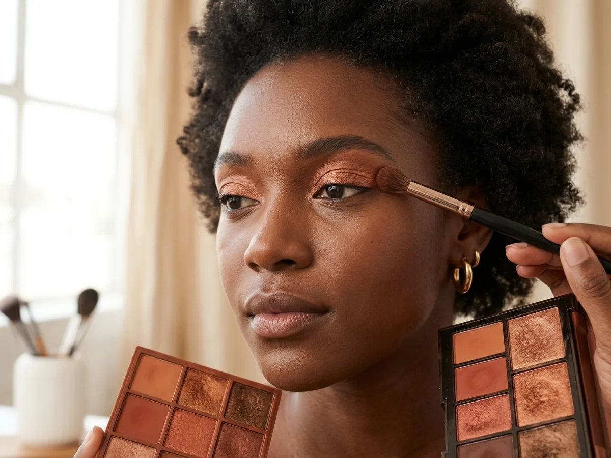 Olhos castanhos em pele negra com traço fino e toque de iluminador dourado