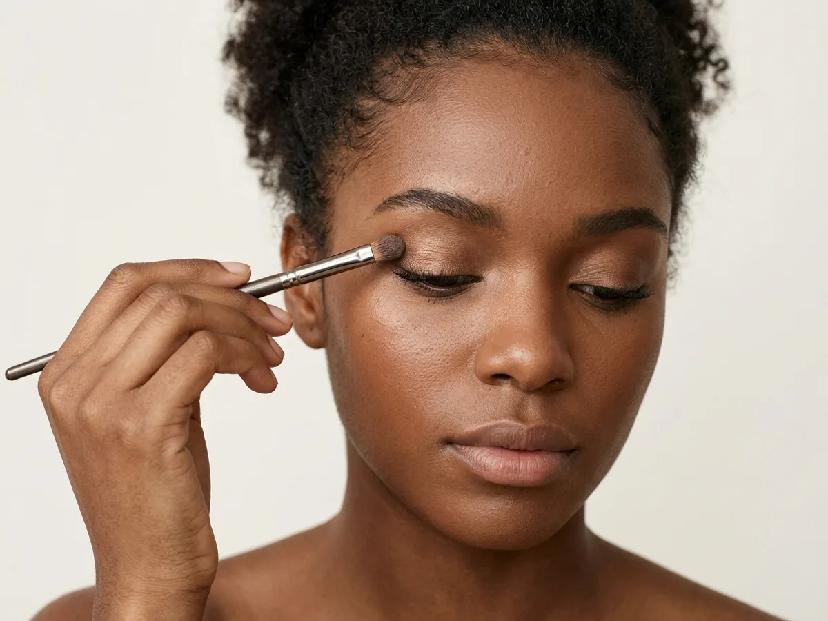 Olhos castanhos em pele mestiça, maquilhagem natural com sombras quentes
