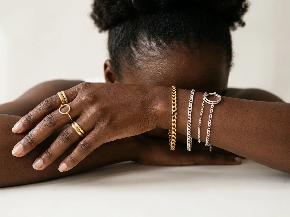 Bijoux dorés contre une peau noire au sous-ton chaud
