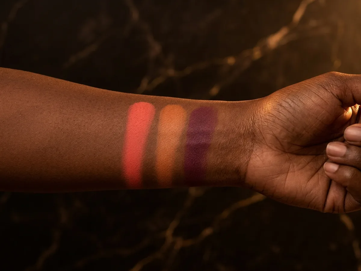 Blush corail NEW BLACK porté sur une peau métisse, lumière du jour