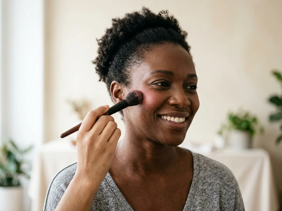Blush posé haut sur la pommette d’une peau noire