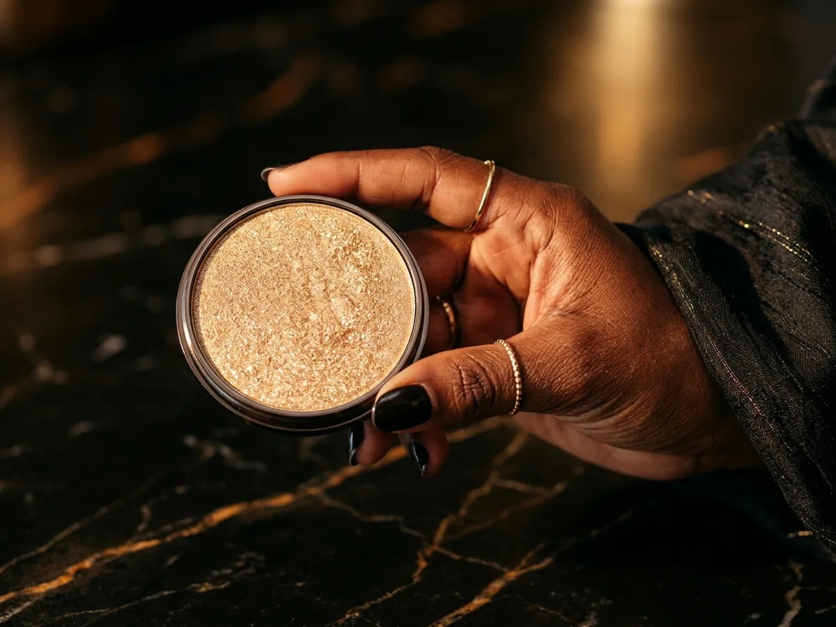 Highlighter doré NEW BLACK ouvert près d’une peau noire