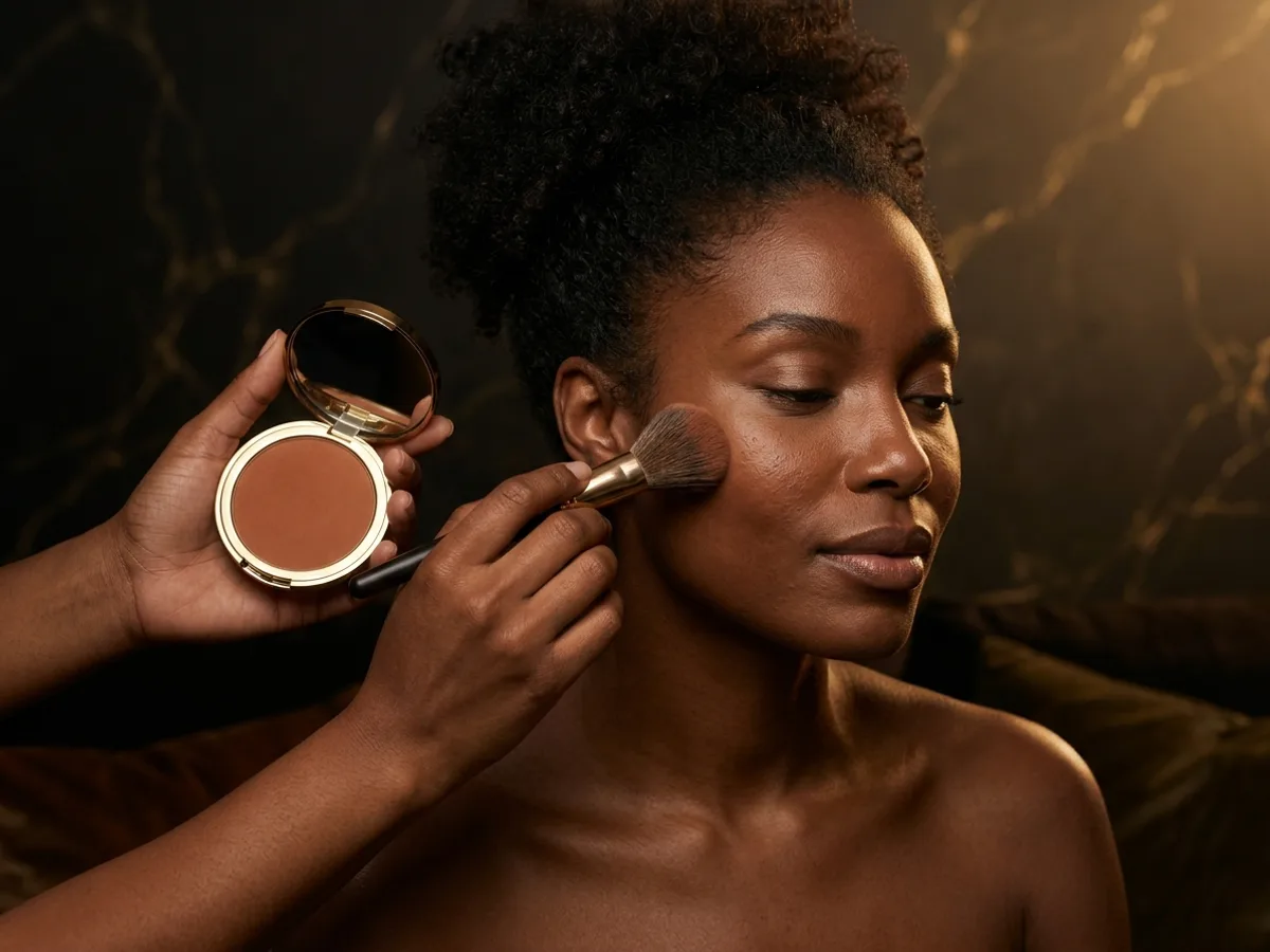 Contour et blush fondus sur une peau noire en lumière du jour