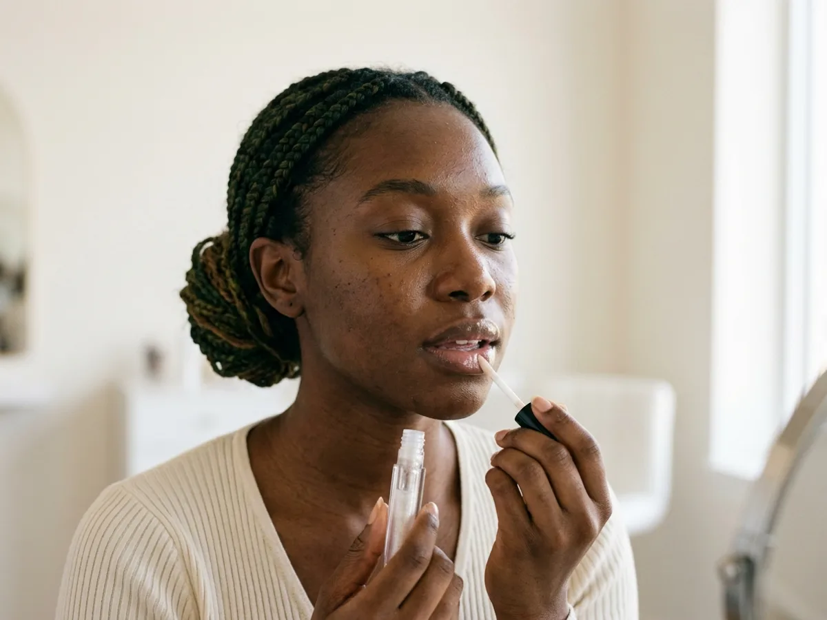 Gloss transparent Eau de Coco sur des lèvres de peau noire